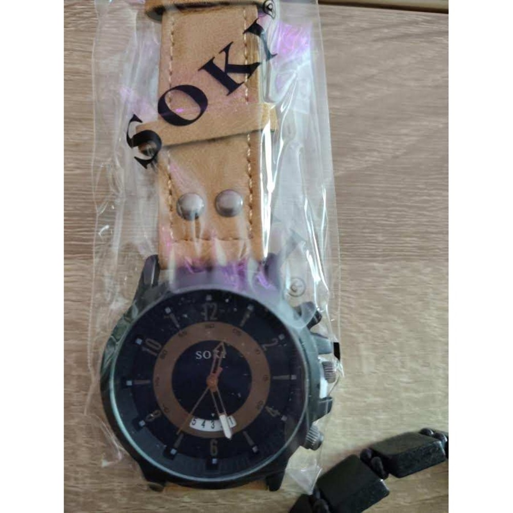 Soki Mens Analog Watch Black Face Tan Leather Strap‎ New In Packaging